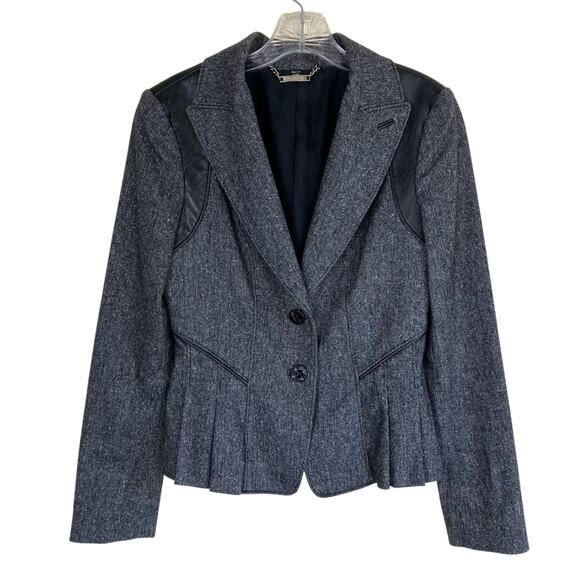 Bebe Sz XS Y2K Wool Silk Blend Tweed Blazer Fitted Feminine Leather Panels Sexy - Picture 1 of 16